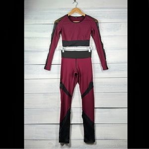 Michi Mesh Burgundy Black Cropped Long Sleeve Workout Set Women’s Size XS
